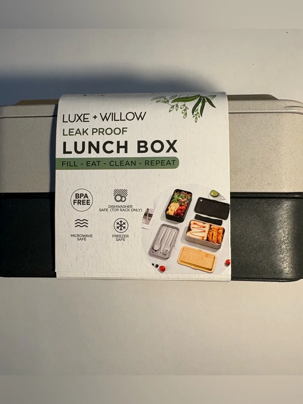 NWT Bento Lunch Box 2 Tier Leak Proof Cutlery Black Gray Nesting Bamboo Lid